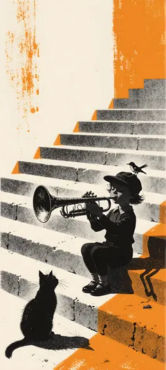 child playing antique trumpet