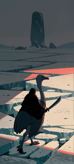 pilgrim riding flightless bird