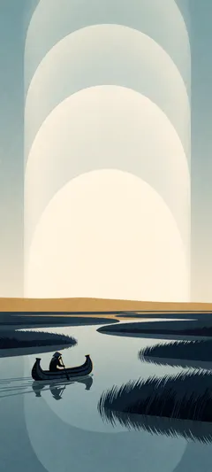 traveler in reed canoe