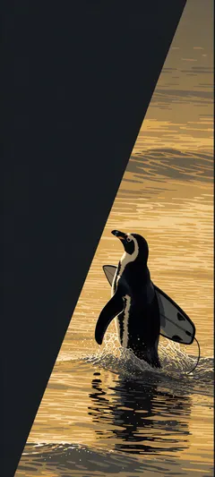 penguin with surfboard