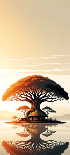 tree sheltering island hut