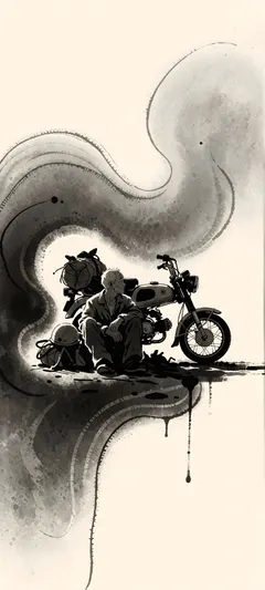 wanderer beside vintage motorcycle