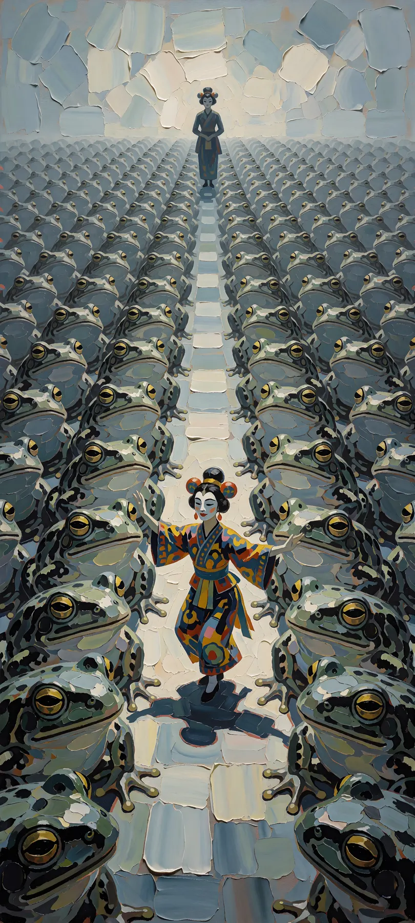 masked dancer among frogs