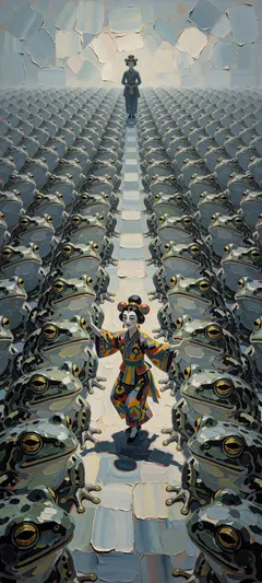 masked dancer among frogs
