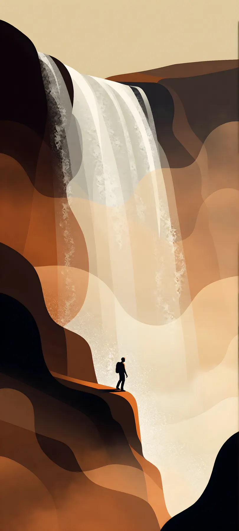 climber beside colossal waterfall