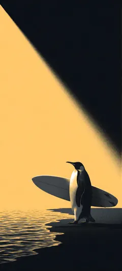 penguin with surfboard