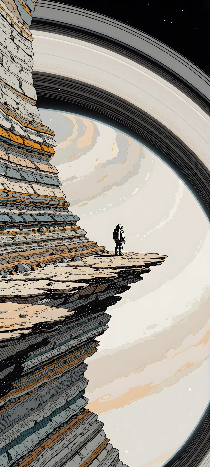 astronaut beneath ringed planet