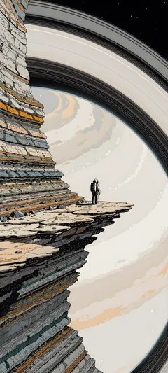 astronaut beneath ringed planet