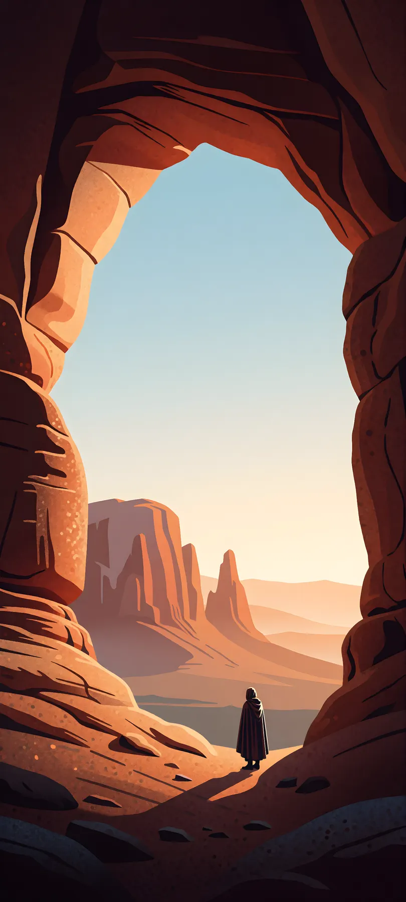 traveler beneath stone arch