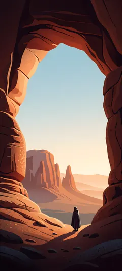 traveler beneath stone arch