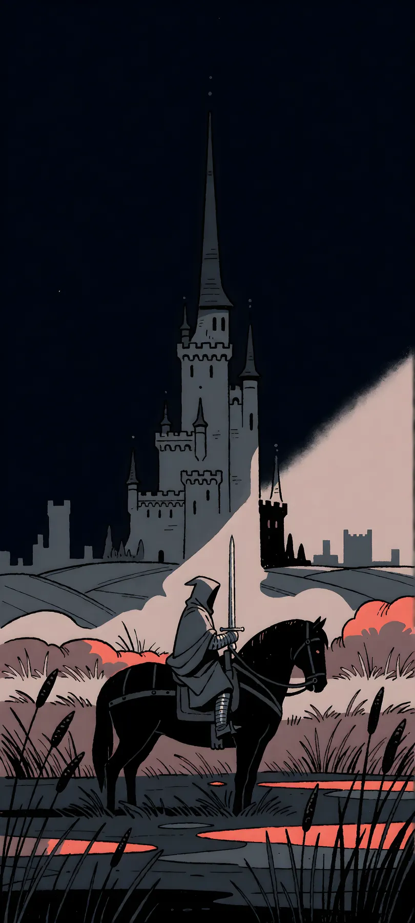 hooded knight on horseback