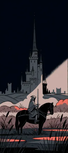 hooded knight on horseback