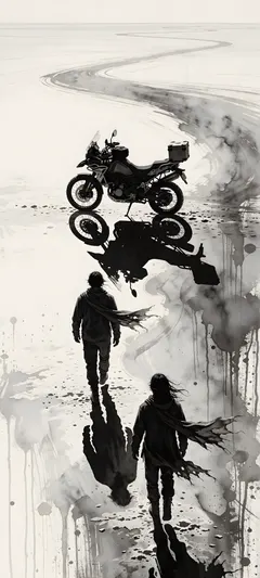 traveler overlooking parked motorcycle