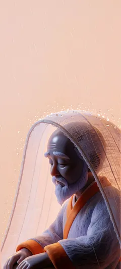 hooded elderly traveler