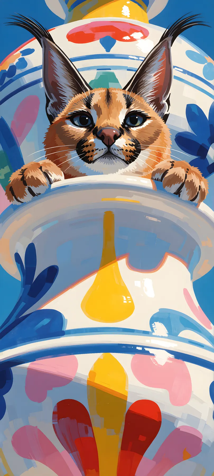 caracal behind ceramic vessel