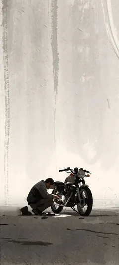 traveler repairing motorcycle