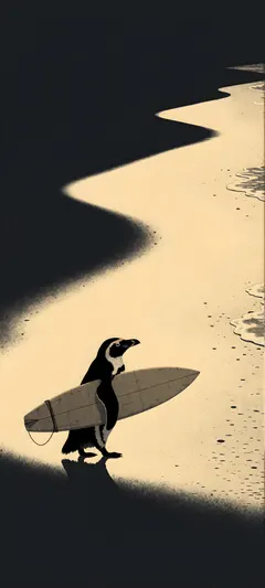 penguin with surfboard