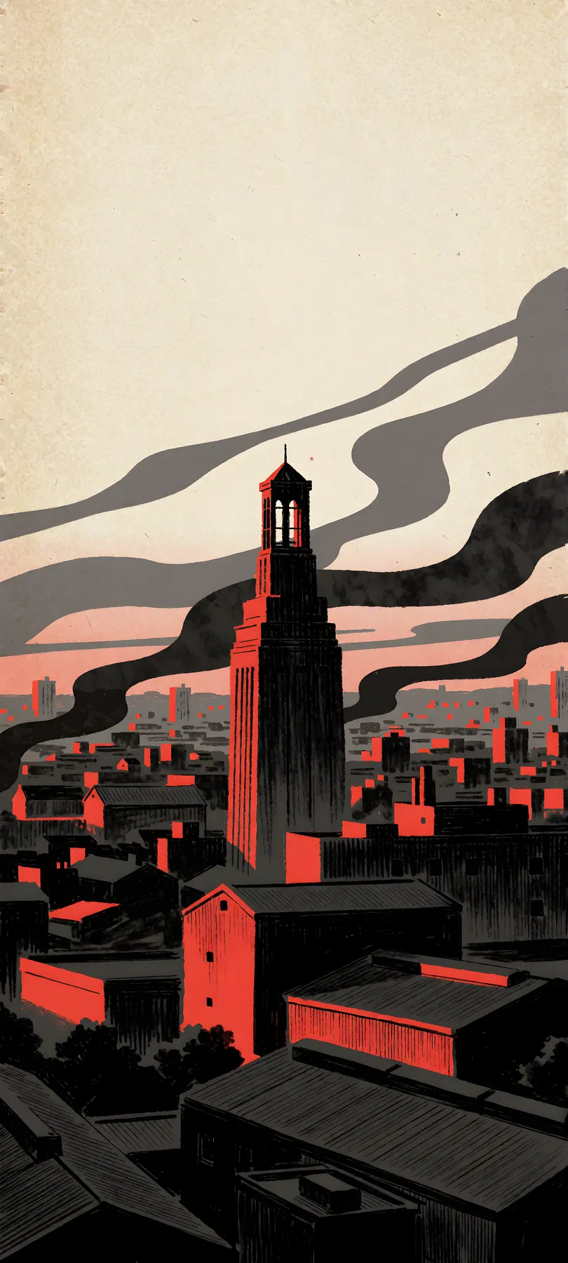 red-lit civic tower