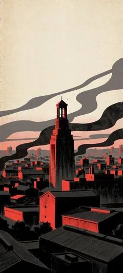 red-lit civic tower